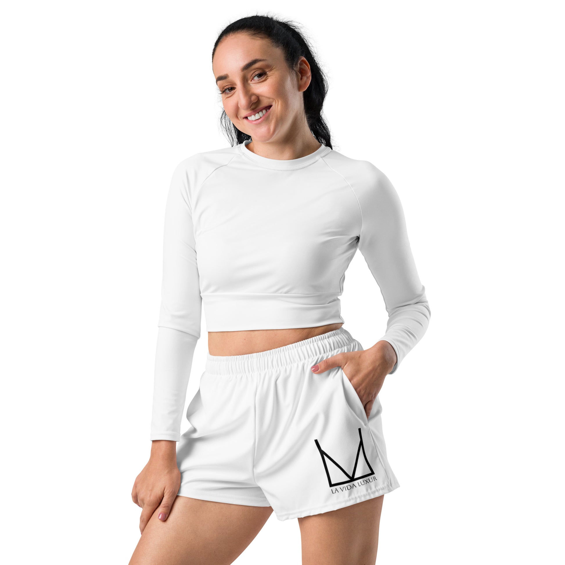 La Vida Luxur athletic shorts in white, designed for casual wear and active movement.